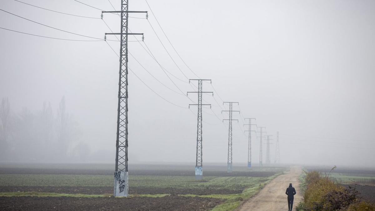 Un hombre pasea a las afueras de Vitoria entre la niebla.