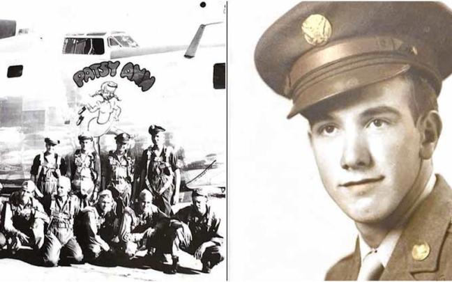 Alfonso Garde Marcilla (segundo por la izquierda en la primera fila), de padres navarros, posa con la tripulación del B-24 bautizado ‘Patsy Ann’, probablemente en Bangor (Maine) antes de volar con destino a Europa. En la imagen de la de