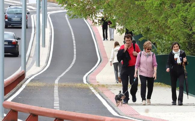 Unos peatones caminan junto a un carril bici.