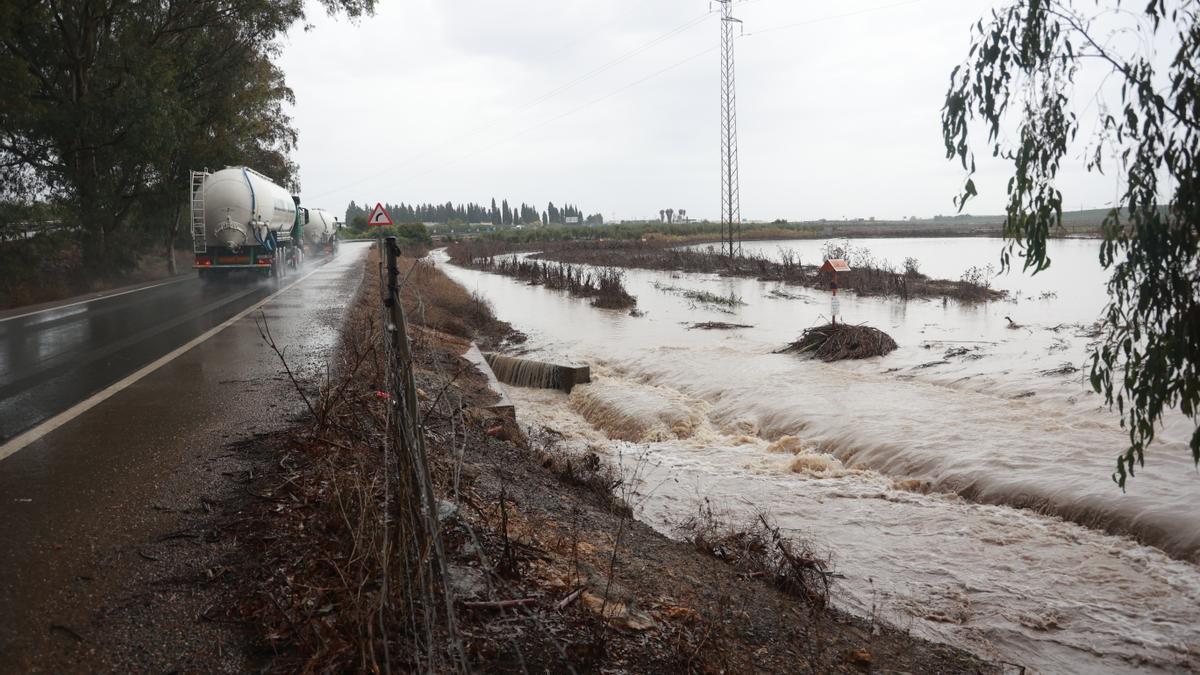 Arroyo El Saladillo que amenaza con desbordarse, en Arahal, Sevilla