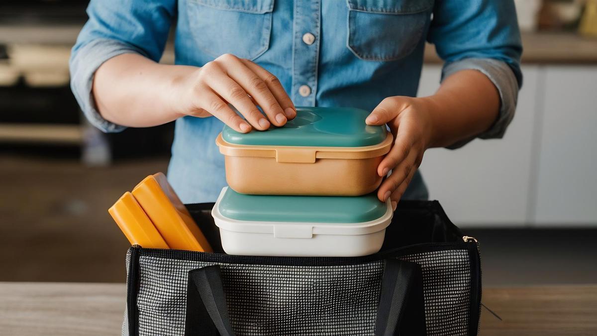 Un hombre se prepara la comida para ir al trabajo.
