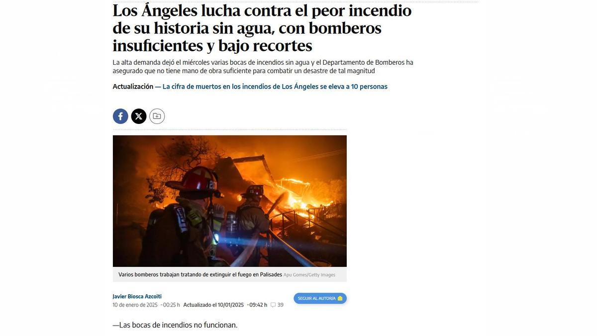 Los Ángeles lucha contra el peor incendio de su historia sin agua, con bomberos insuficientes y bajo recortes