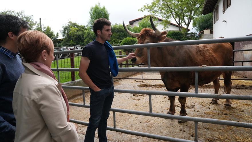 La consejera Arantxa Tapia, durante la visita a la explotación ganadera Mugarrieta.