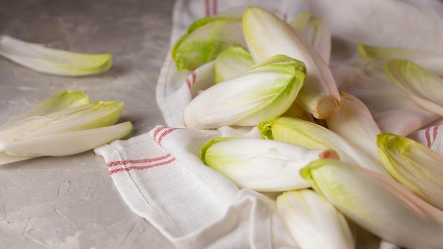 Cogollos de endivias limpios listos para su preparación culinaria.