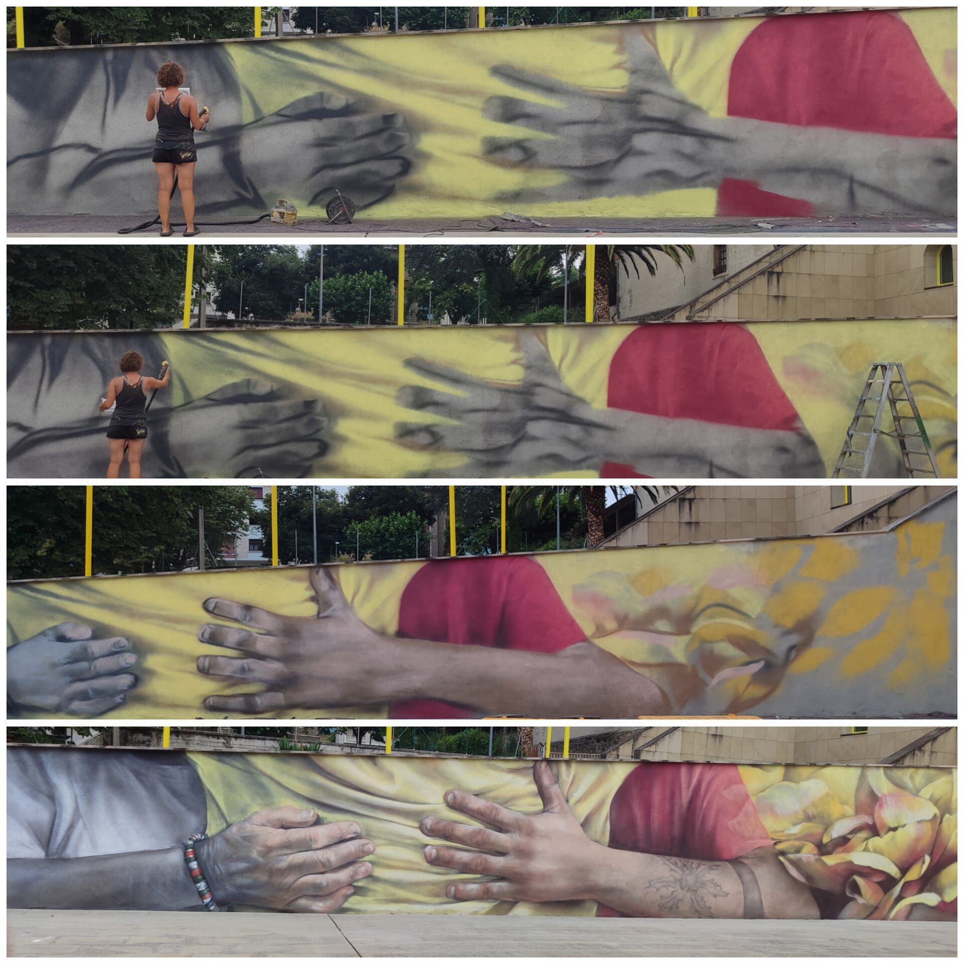 la artistas durante las diferentes fases del mural