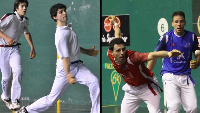 Altuna y Darío, en la semifinal del Baqué de 2012 (izquierda) y en el Manomanista de 2024 (derecha). / José Mari Martínez y Arnaitz Rubio Altuna y Darío, en la semifinal del Baqué de 2012 (izquierda) y en el Manomanista de 2024 (derecha).