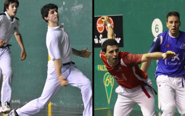 Altuna y Darío, en la semifinal del Baqué de 2012 (izquierda) y en el Manomanista de 2024 (derecha). / José Mari Martínez y Arnaitz Rubio Altuna y Darío, en la semifinal del Baqué de 2012 (izquierda) y en el Manomanista de 2024 (derecha).