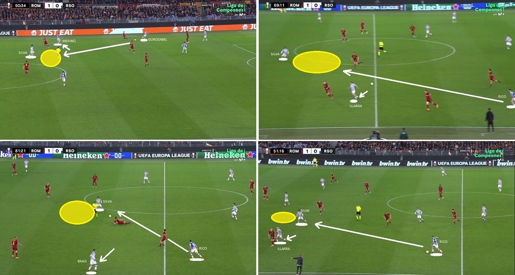 Aquí vemos varios ejemplos de muy buenas conexiones con Silva. Aproximadamente desde el minuto 50 hasta que el canario fue sustituido, la Real fue superior y debió traducir en ocasiones más claras las interesantes situaciones que encontró.