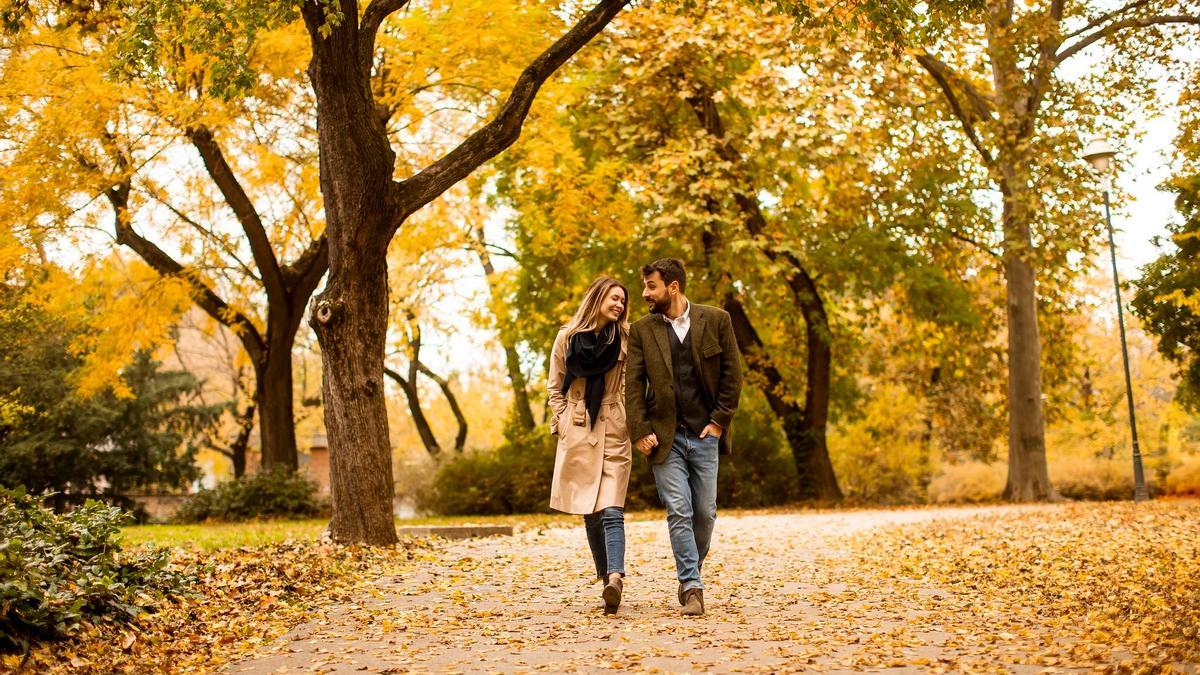 Una pareja pasea por un parque en otoño.