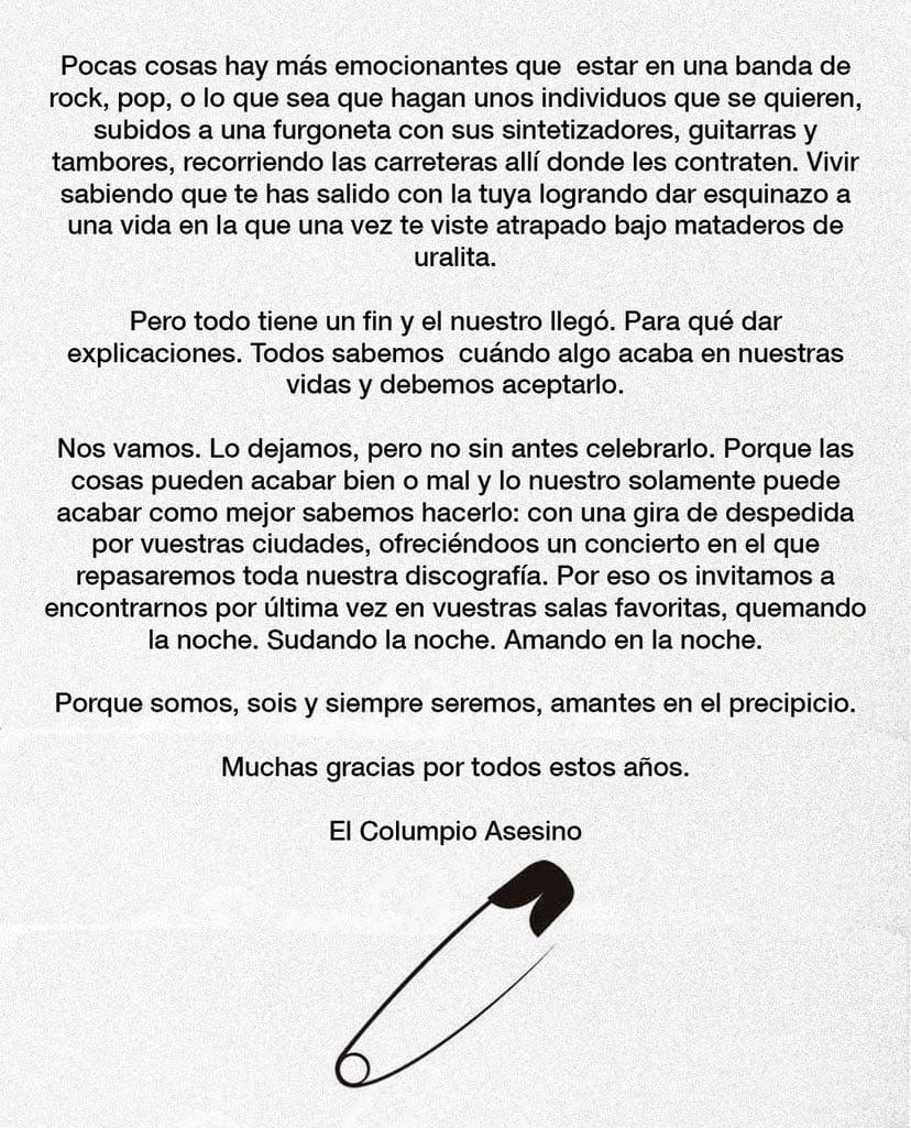 Comunicado de despedida de 'El Columpio Asesino'.