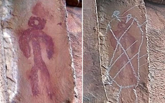 A la derecha, la pintura rupestre vandalizada. A la derecha, la pintura rupestre vandalizada.