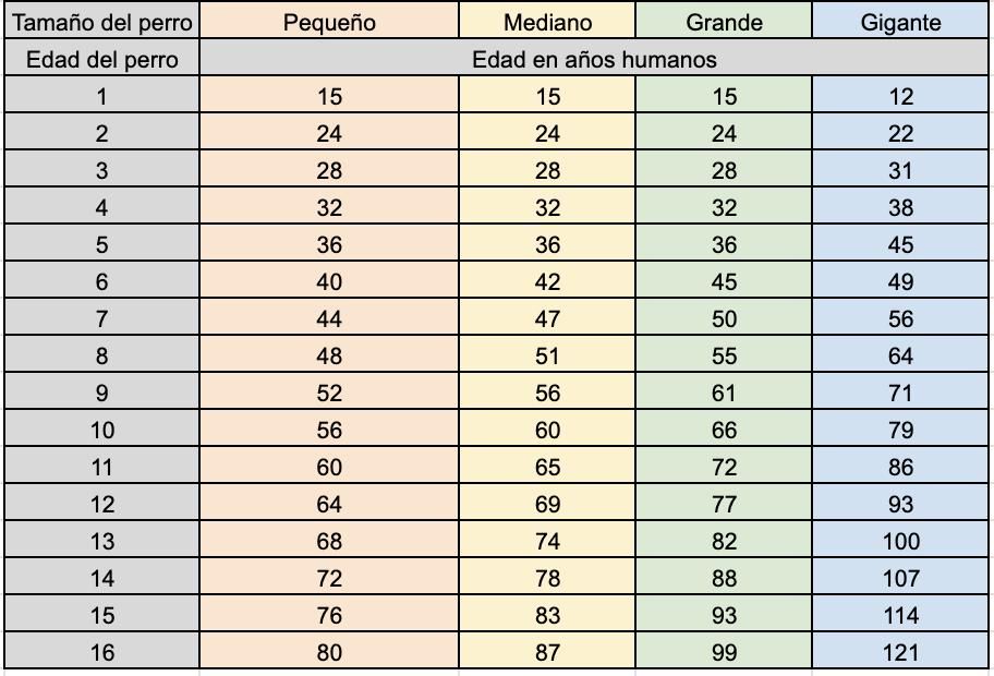 Tabla indicadora de la edad aproximada de un perro.