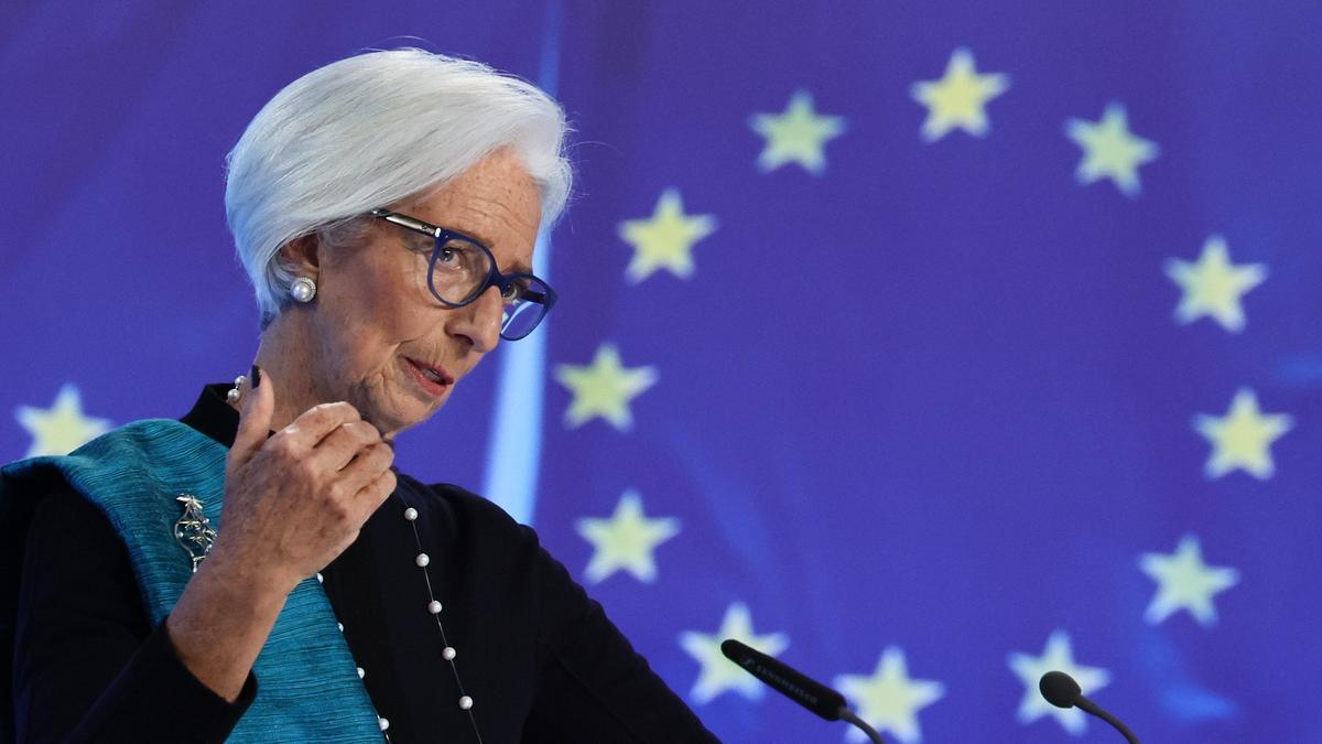 La presidenta del BCE, Christine Lagarde, en la rueda de prensa que ha ofrecido este jueves.