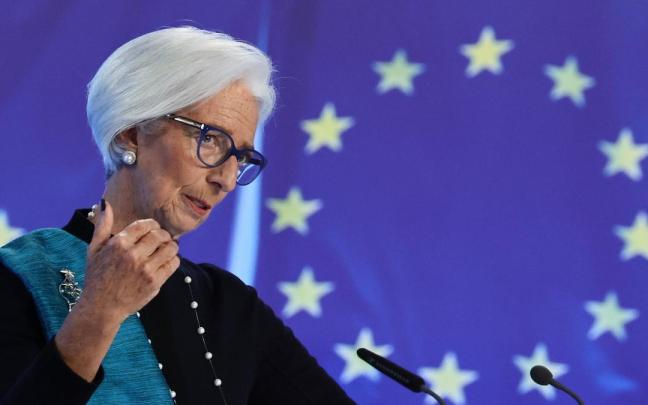 La presidenta del BCE, Christine Lagarde, en la rueda de prensa que ha ofrecido este jueves.