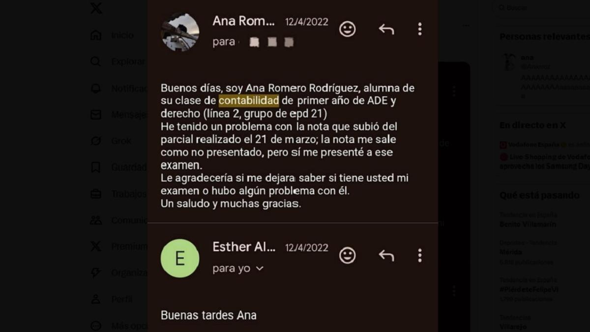 El e-mail que escribió la estudiante a la profesora.