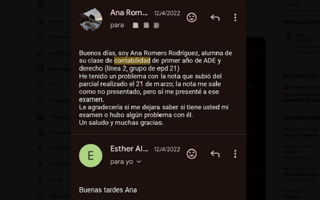 El e-mail que escribió la estudiante a la profesora. / X (@Anxrroz) El e-mail que escribió la estudiante a la profesora.