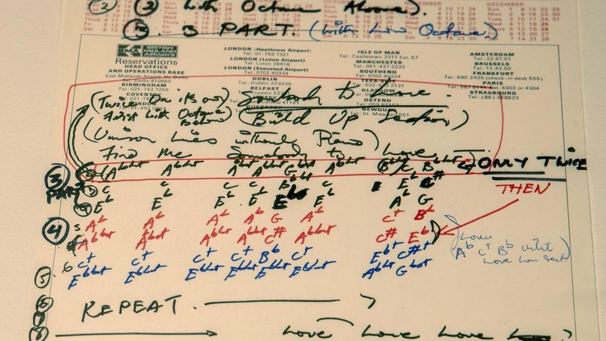 Las notas de 'Somebody to Love' escritas a mano por Freddie Mercury.
