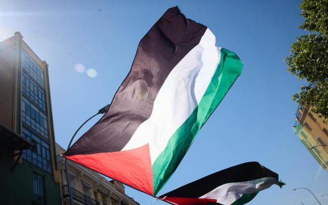 Banderas palestinas durante una manifestación en Madrid en conmemoración de Al Nakba palestina