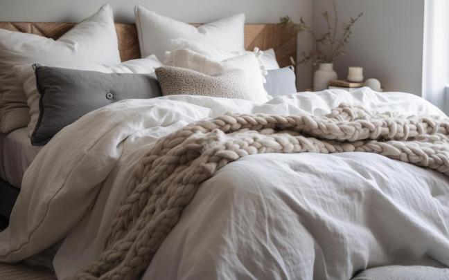 Una cama desecha con un edredón nórdico.