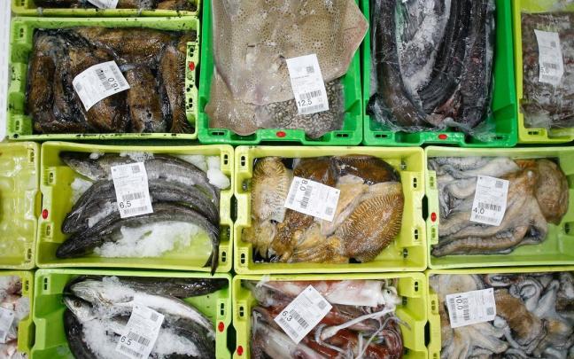 Cajas con pescado en una lonja.