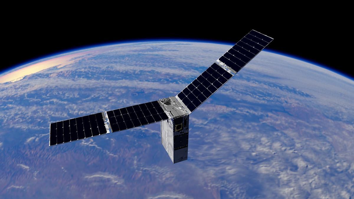Uno de los CubeSats de Starling navega en órbita sobre la Tierra.