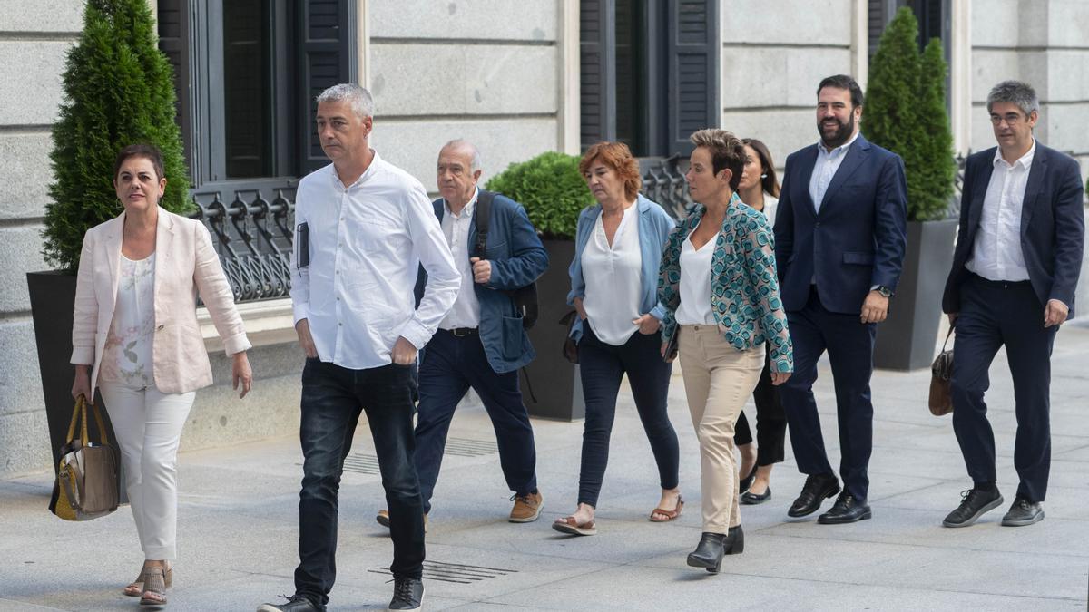 Los diputados de EH Bildu Mertxe Aizpurua y Oskar Matute, a su llegada al Congreso.