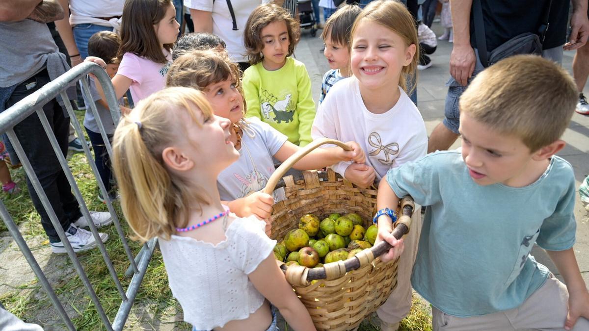 Varios niños recolectado manzanas.