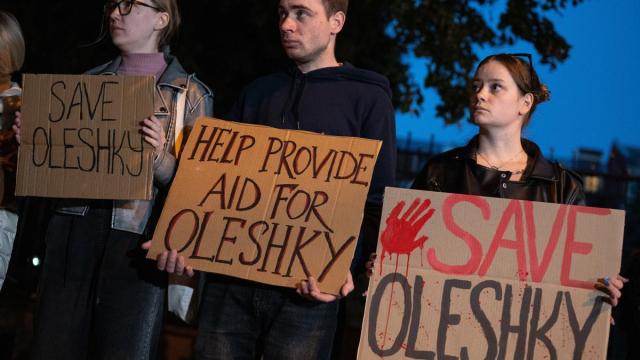 Activistas durante una manifestación en apoyo a los habitantes de Oleshki.