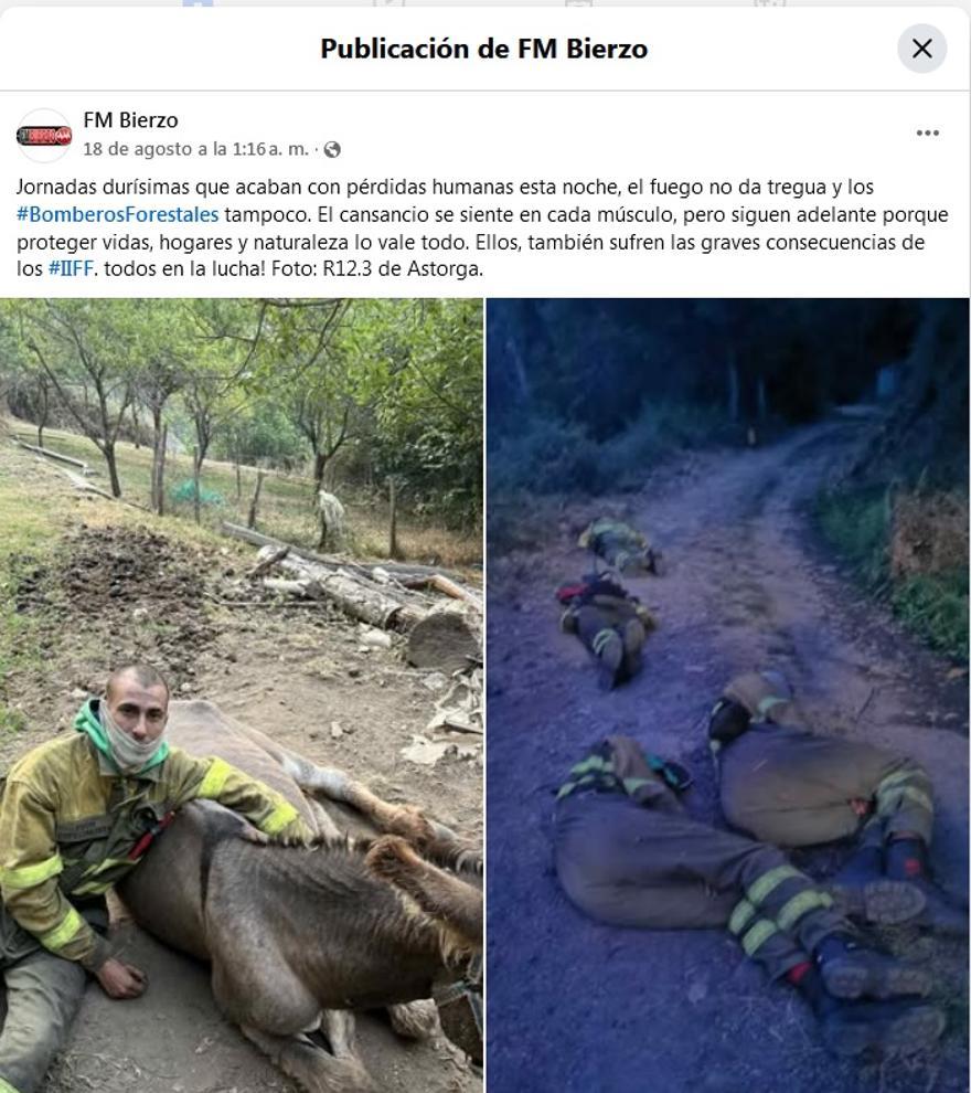 Captura del post en el Facebook de FM Bierzo que recoge las fotos de la brigada de bomberos forestales Romeo 12
