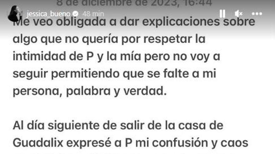 Jessica Bueno reaccionó al comunicado con otra historia