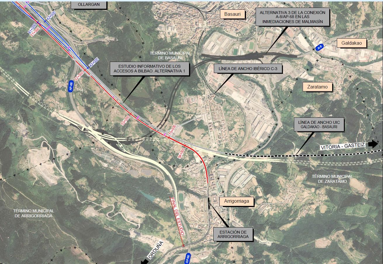 Mapa del trazado previsto en las diferente fases de la Variante Sur Ferroviaria