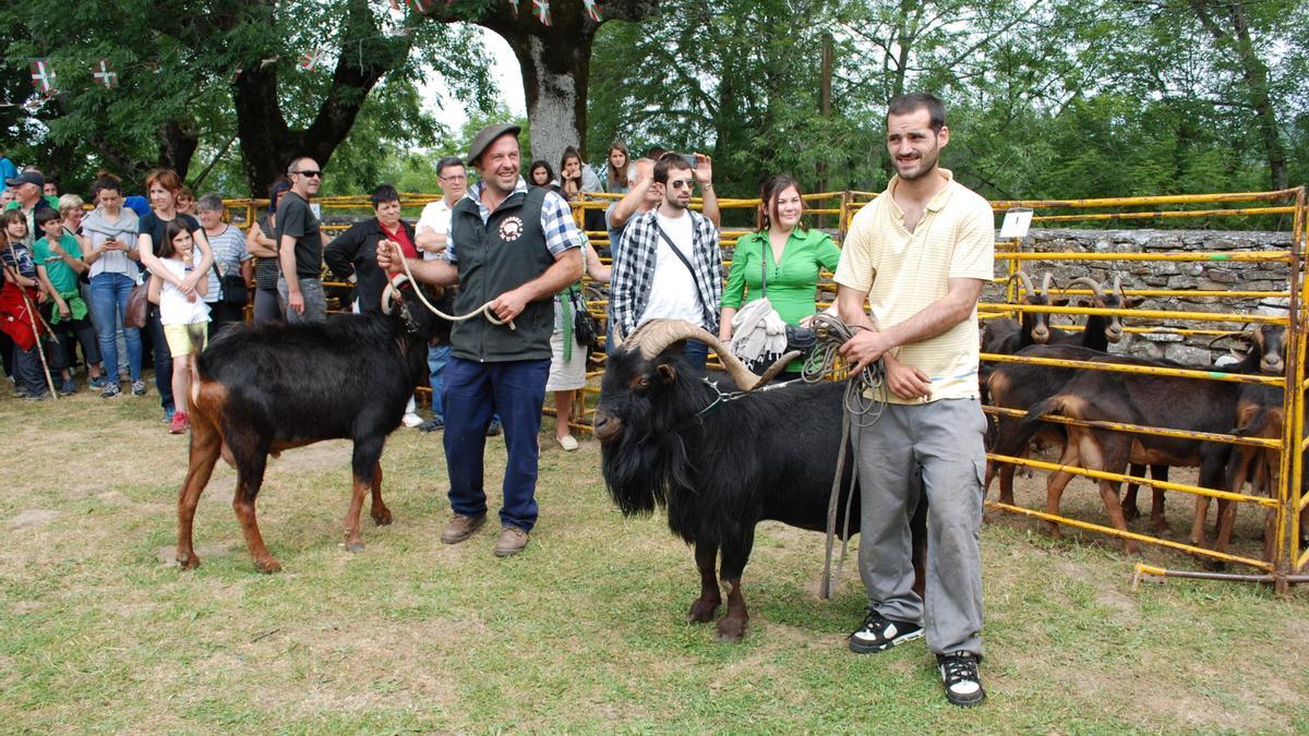 Dos ganaderos con sus chivos listos para su pesaje en el escenario