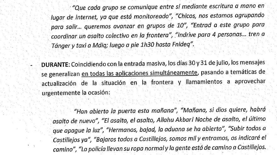 Extracto del informe del CENIF con algunos de los mensajes difundidos antes y durante la entrada masiva en Ceuta.