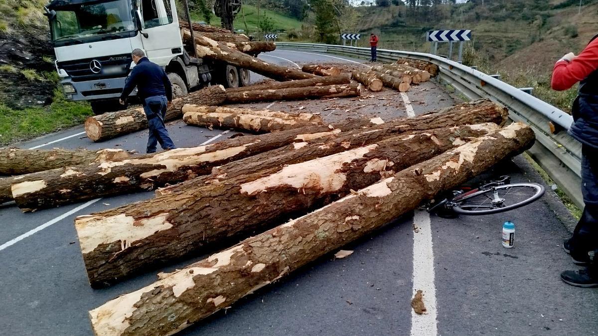 Vista del lugar del accidente, con la bicicleta aplastada por los troncos sobre los que teminó cayendo el ciclista de Mendaro