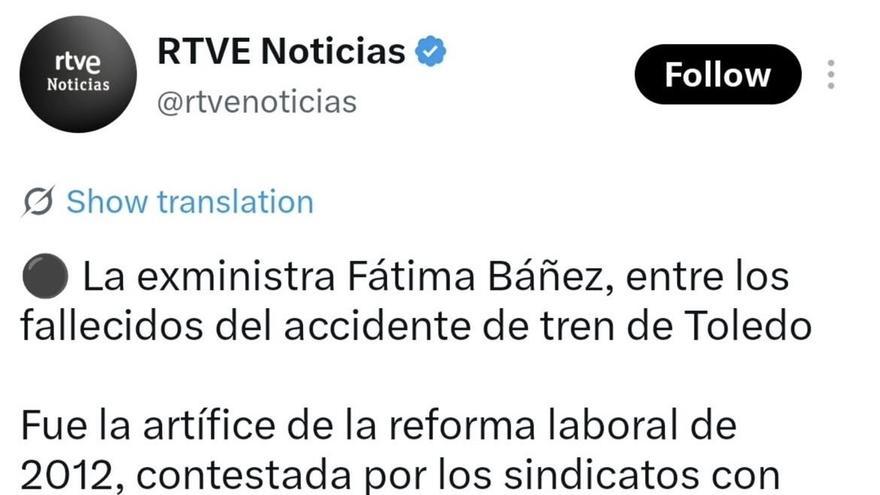 RTVE borra su mensaje sobre la muerte de Fátima Báñez y reconoce que "no procedía".
