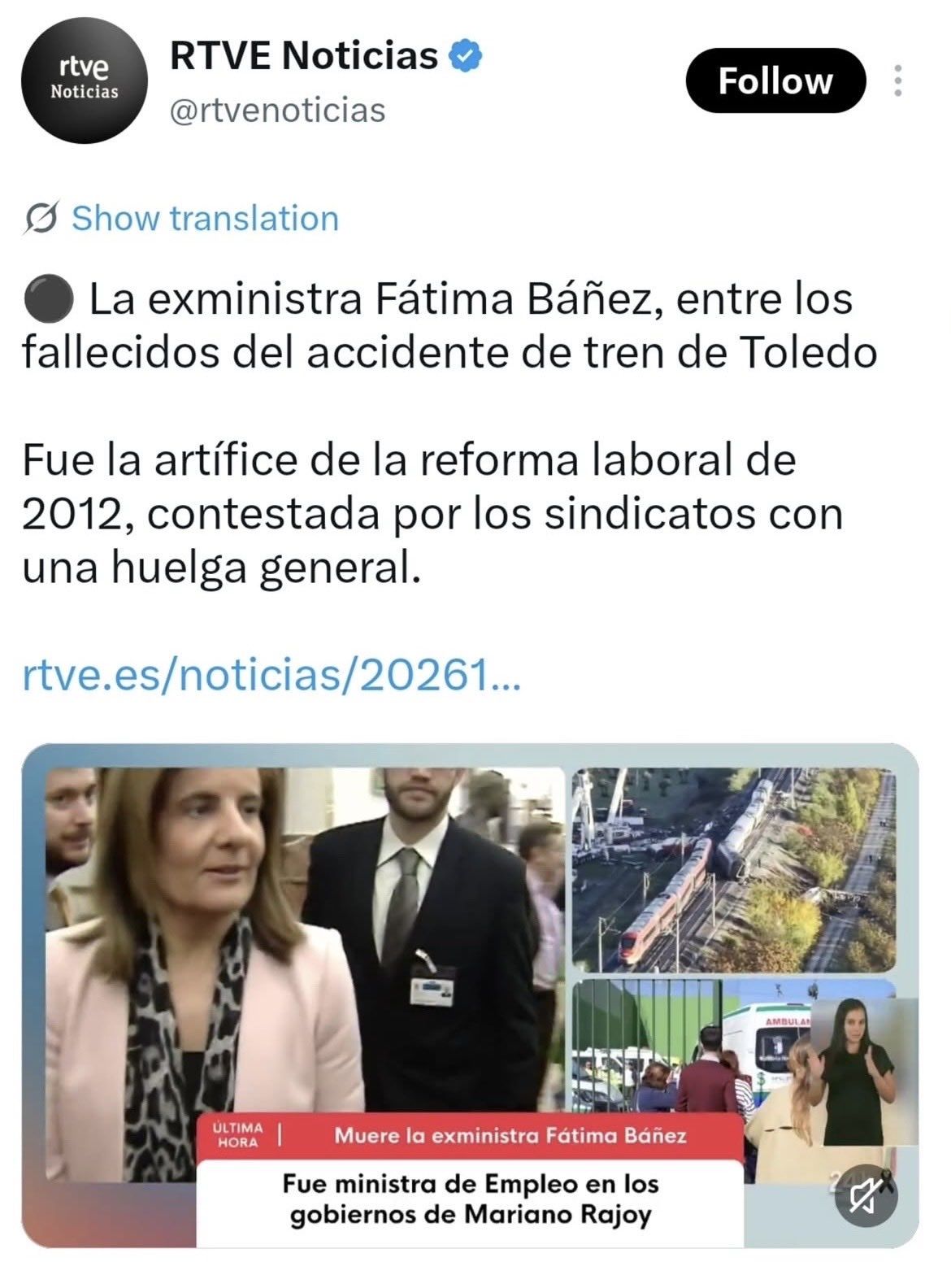 RTVE borra su mensaje sobre la muerte de Fátima Báñez y reconoce que "no procedía".