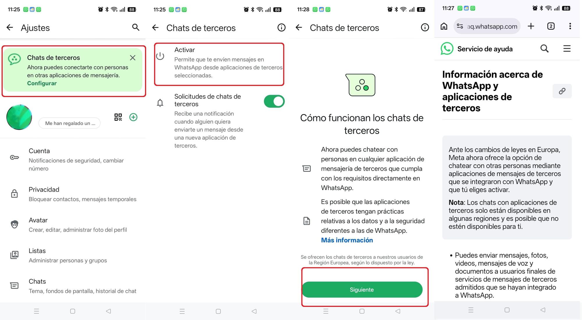 Tras abrir WhatsApp y clicar en 'Ajustes', estos son los pasos para activar 'Chats de terceros'.
