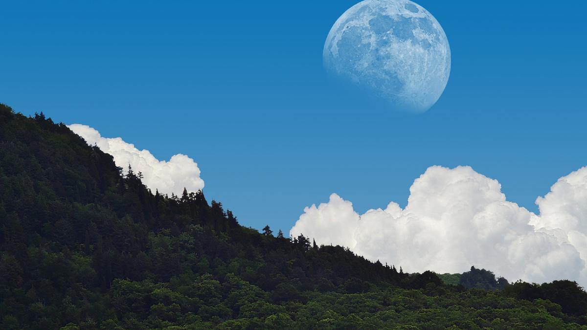 La cara visible de la Luna destaca sobre el cielo diurno.