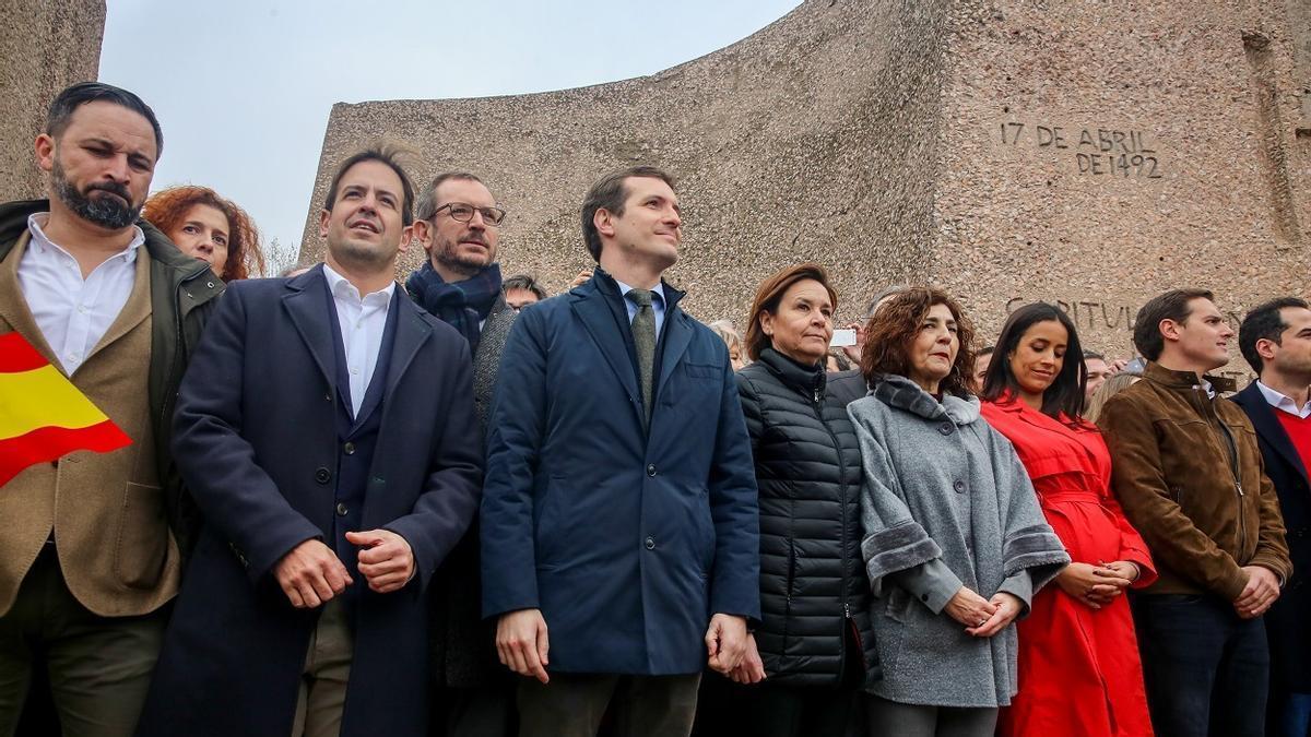 Representantes del PP, Vox y Cs en febrero de 2019 en una movilización contra Pedro Sánchez.