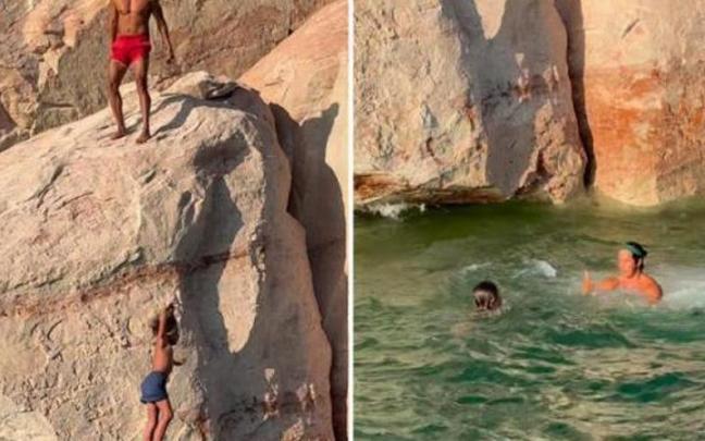 El padre lanza a Cali al agua desde una roca / Instagram: @garrettgee El padre lanza a Cali al agua desde una roca