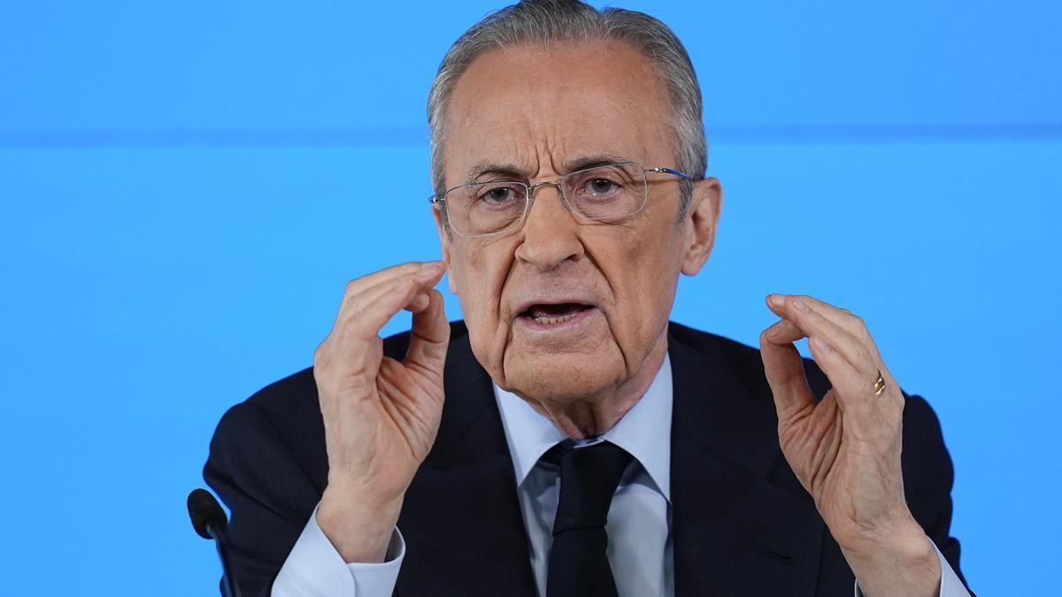 El presidente del Real Madrid, Florentino Pérez, durante su rueda de prensa del mes de mayo.