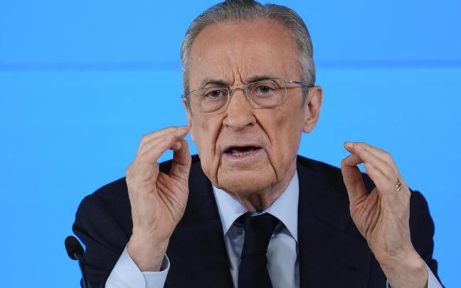 El presidente del Real Madrid, Florentino Pérez, durante su rueda de prensa del mes de mayo.