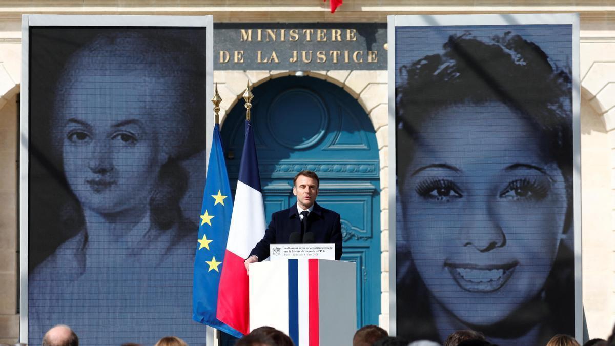 El presidente francés, Emmanuel Macron, durante durante su discurso con motivo del Día Internacional de la Mujer