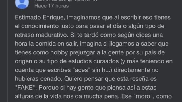 La brutal respuesta en una reseña que ha publicado un local