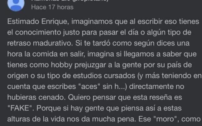 La brutal respuesta en una reseña que ha publicado un local