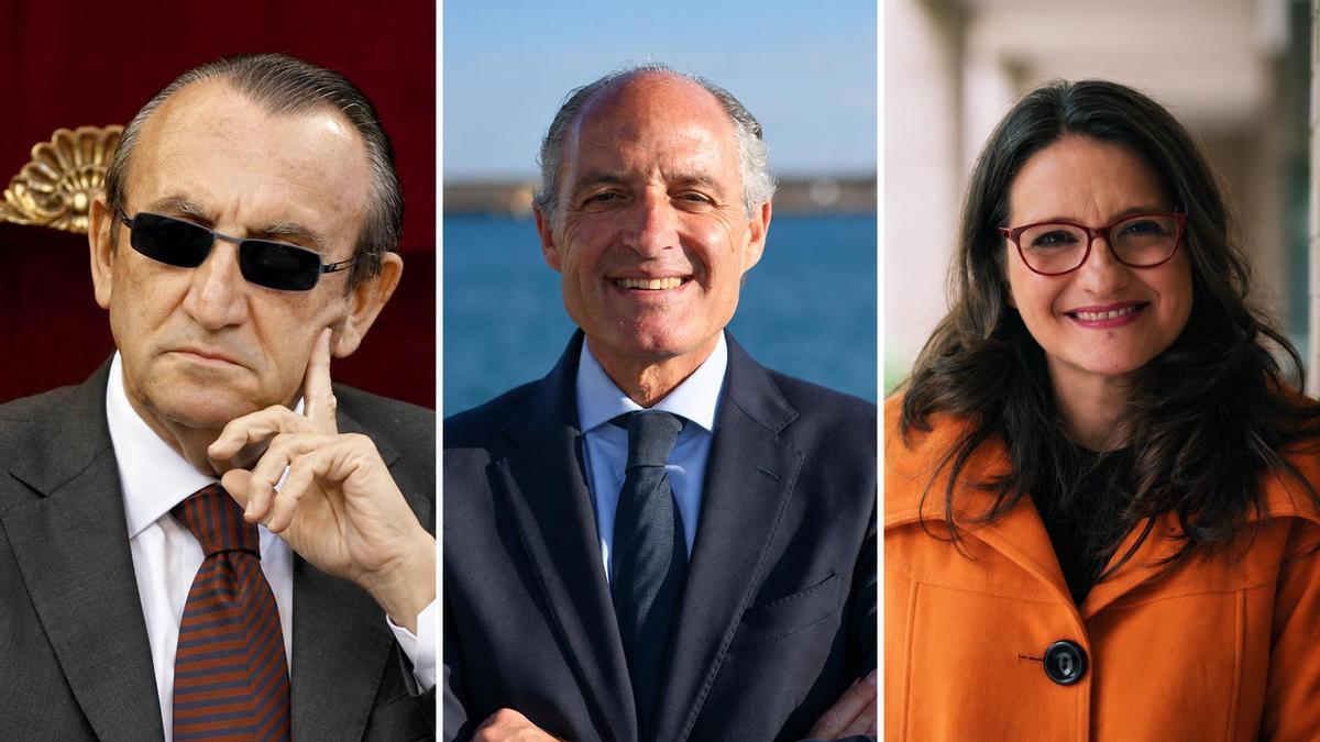De izquierda a derecha, Carlos Fabra, Francisco Camps y Mónica Oltra, citados como testigos en el juicio contra los presuntos difusores del bulo del Bar España.