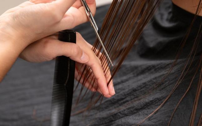 Una estilista corta el pelo a una clienta. Una estilista corta el pelo a una clienta.