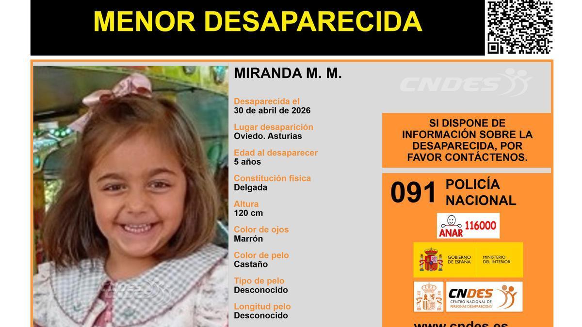 Imagen de la niña de 5 años desaparecida en Oviedo.