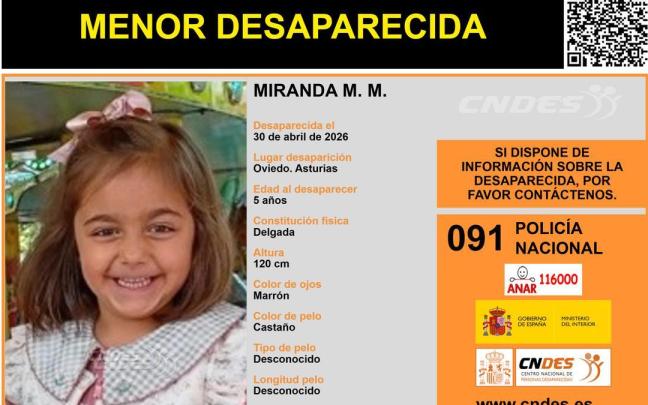 Imagen de la niña de 5 años desaparecida en Oviedo.