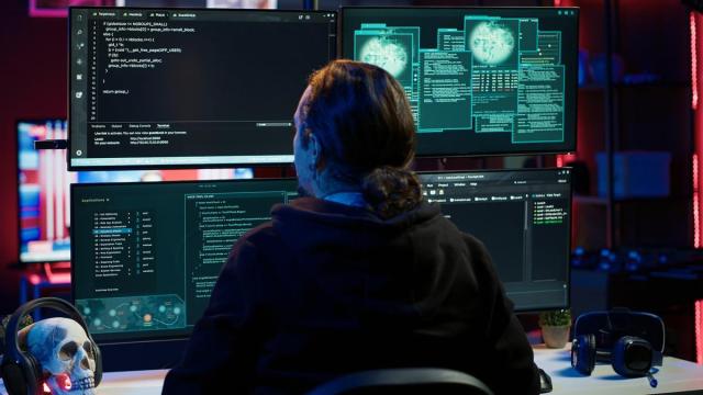 Un estafador inserta una memoria USB con datos confidenciales obtenidos mediante una brecha de seguridad.